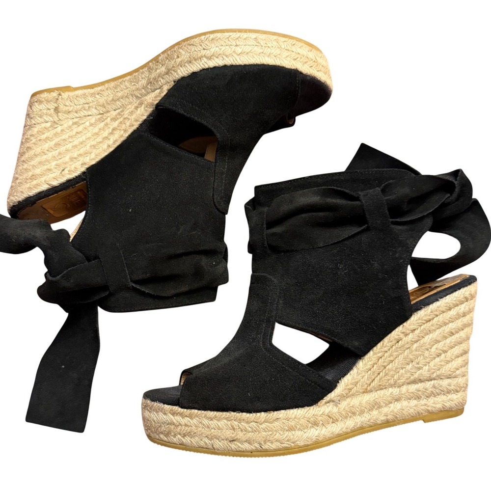 Kanna Black Espadrille Wedge Sandals Tie Platform Boho Resort Festival Sz 40